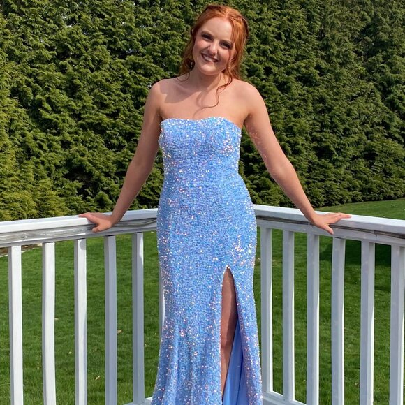 Sherri Hill Gorgeous Blue Sequins Strapless Prom Gown Size 2 Worn Once - Picture 3 of 5
